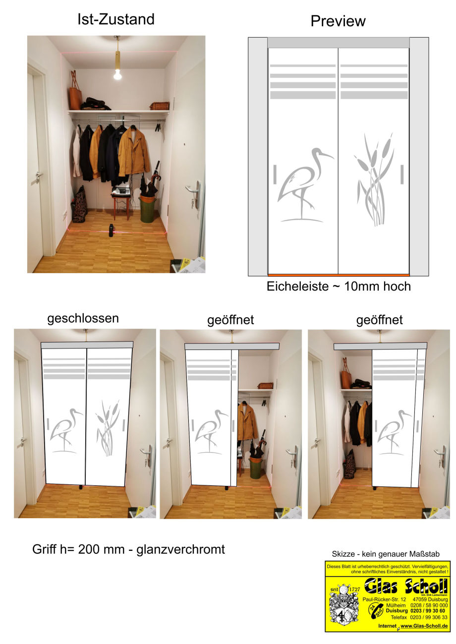 2flgl. Ganzglas-Schiebetür mit Dekor vor einer Garderobe von Glas Scholl