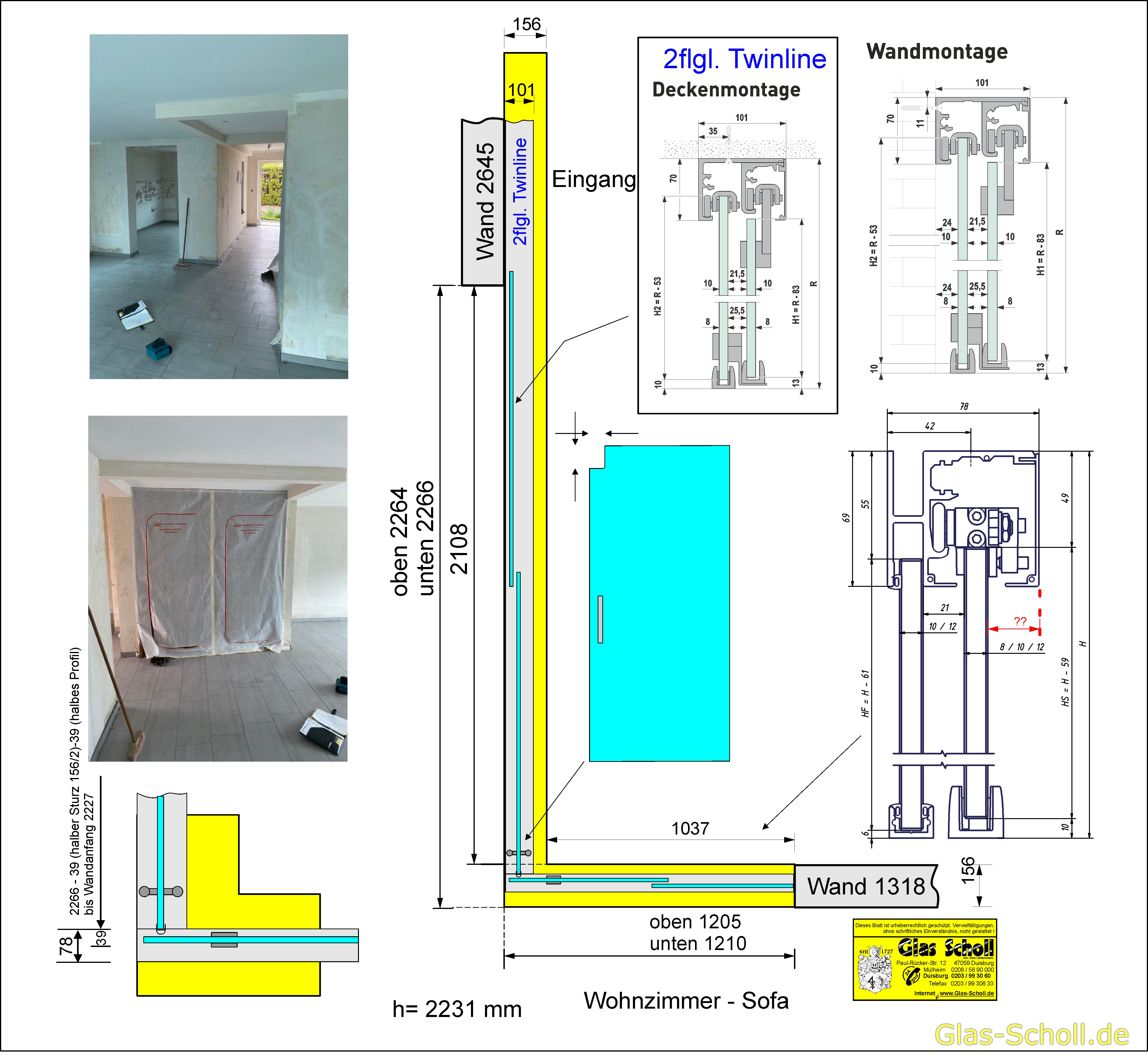Twinline und Portavant G120 Schiebetüranlage über Eck als Flur-Wohnzimmer-Abtrennung von Glas Scholl