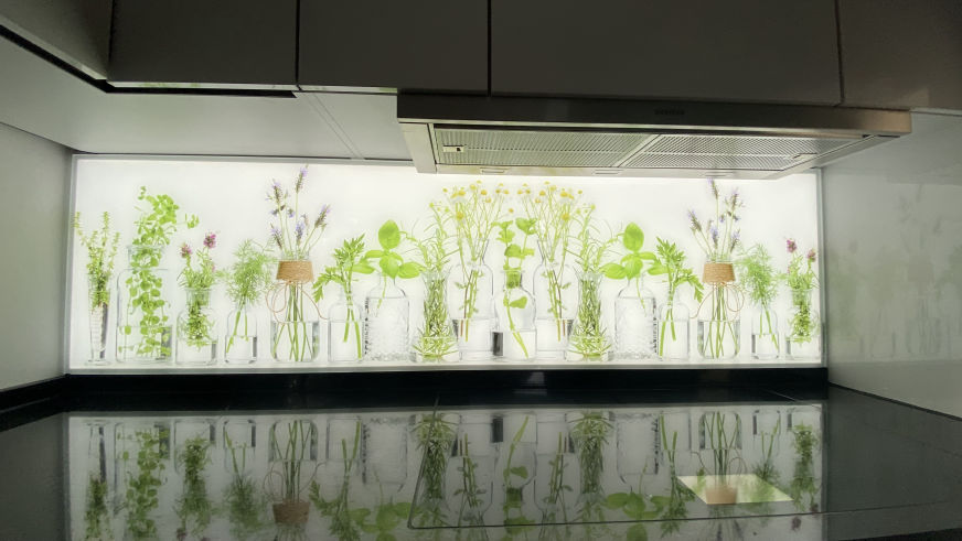 beleuchtete LED Küchenrückwand aus Glas mit Digitaldruck - Spritzschutz - Fliesenspiegel aus Glas von Glas Scholl