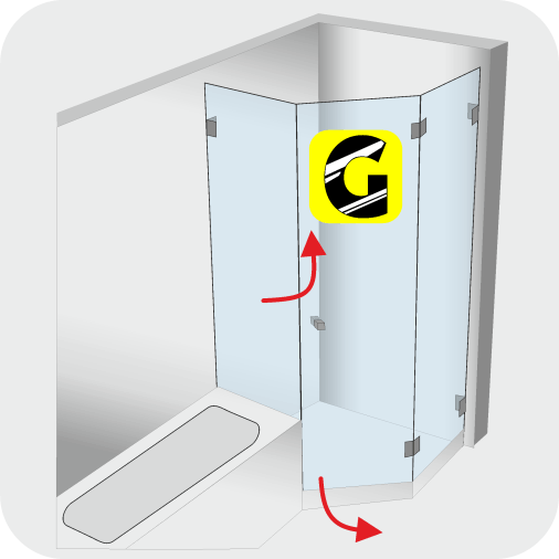 Fünfeck-Dusche neben der Wanne mit zwei Türen von Glas Scholl