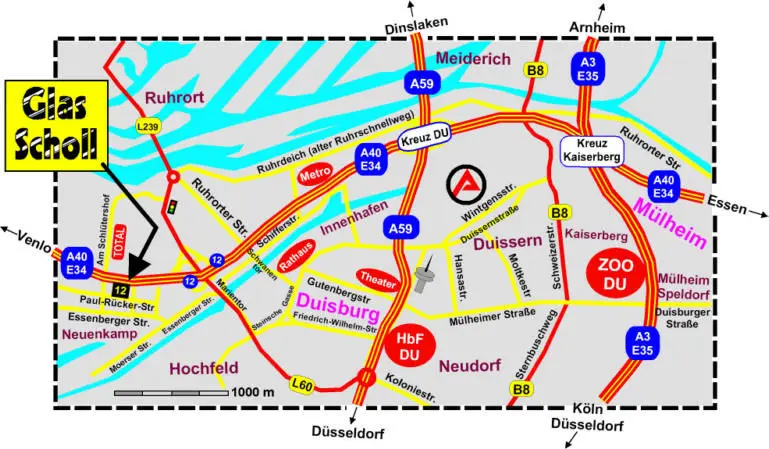 Anfahrtsskizze zu Glas Scholl Duisburg