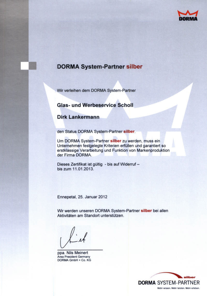 Dorma System-Partner silbern Partnerschafts-Zertifikat