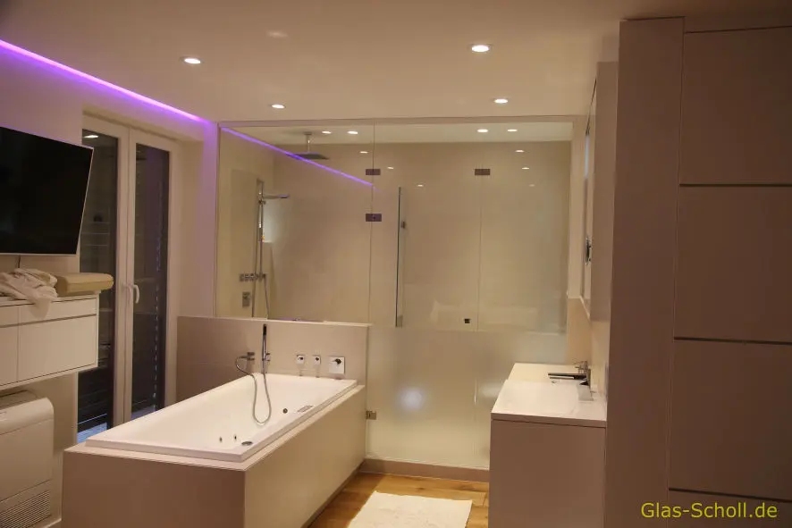 Luxusbad mit Klapptür vor Dusche und WC-Glasanlage von Glas Scholl